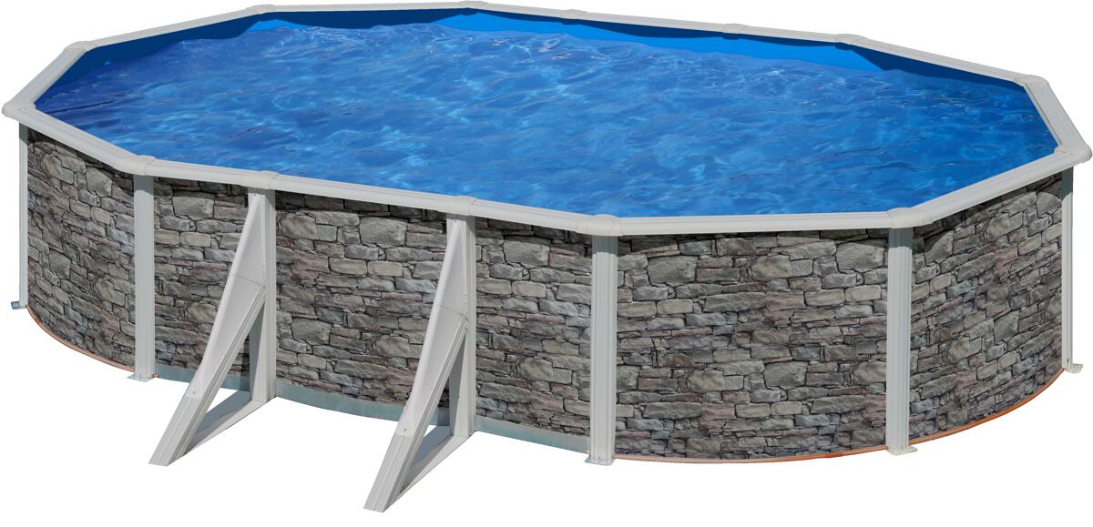 BWT 72911 myPool Feeling Stahlwand-Pool, 610x375x132cm, oval, Sandfilter, Abdeckplane, Steinoptik