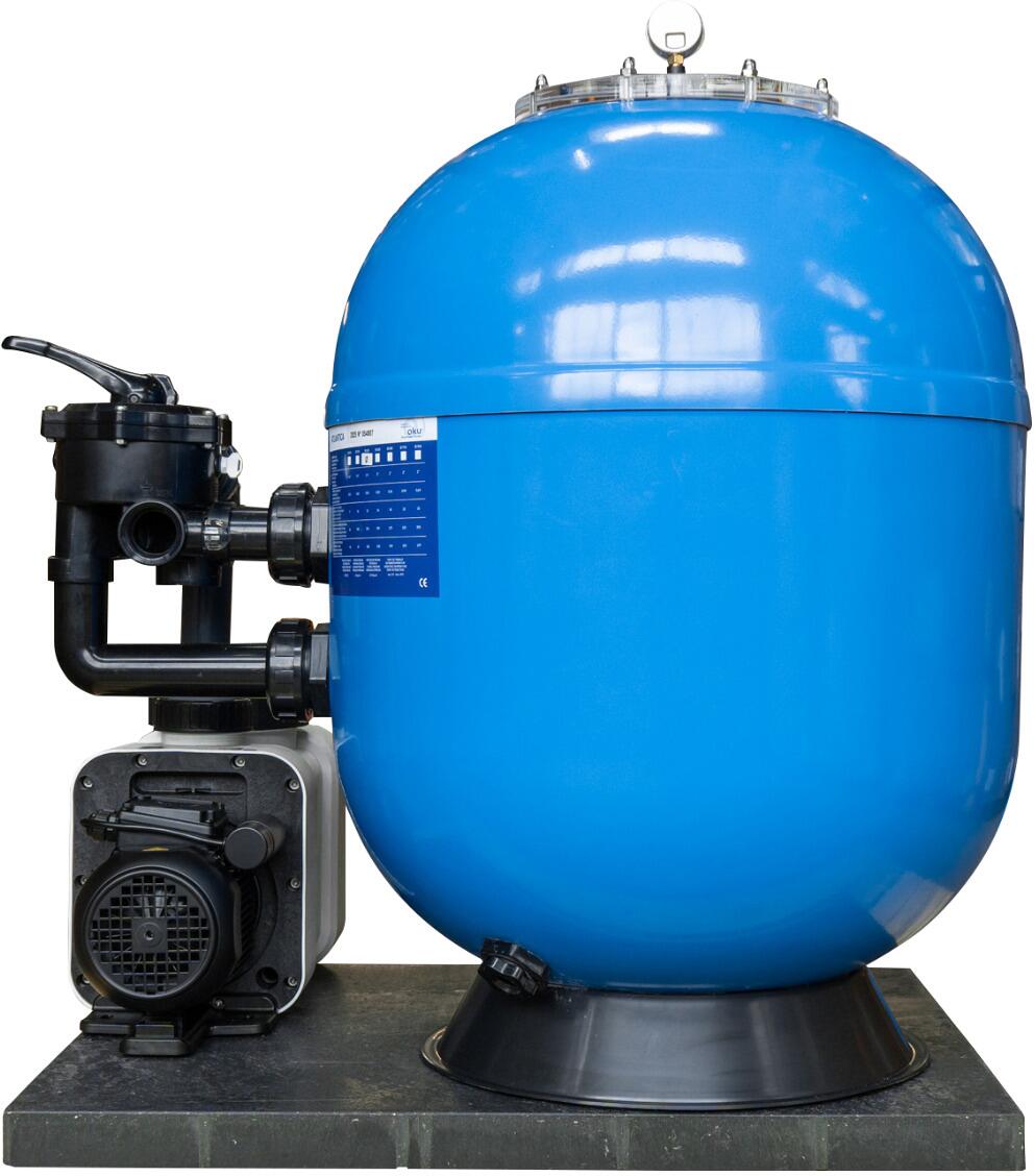 Oku Atlantica Sandfilteranlage mit Badu Delta 13 Pumpe, 13m³/h bei 8m, Ø 620mm, 6-Wege-Ventil, 400V, blau