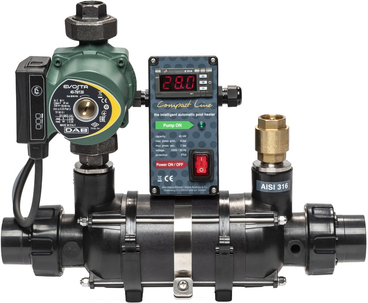 Dapra D-KWT 85 Compact Wärmetauscher mit Zirkulationspumpe, 85kW, 230V, Titan, inkl. Regelthermostat