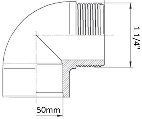 Verbindungsstück Gewindewinkel 90°, Klebemuffe Ø 50mm - Außengewinde 1 1/4", PVC, grau