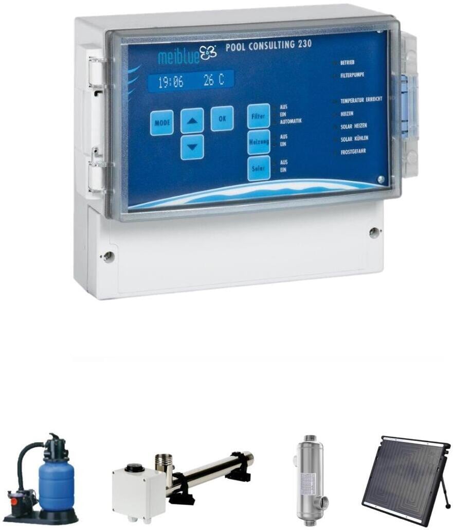 Meiblue Poolconsulting Elektro-automatische Steuerung Filteranlage, Elektroheizung, Wärmetauscher, Solarheizung, inkl. Wasserfühler, 400V