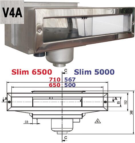 Astral Pool Slim 6500 Skimmer, inkl. Flanschset/Blende 6°, 85x650mm, Edelstahl V4A