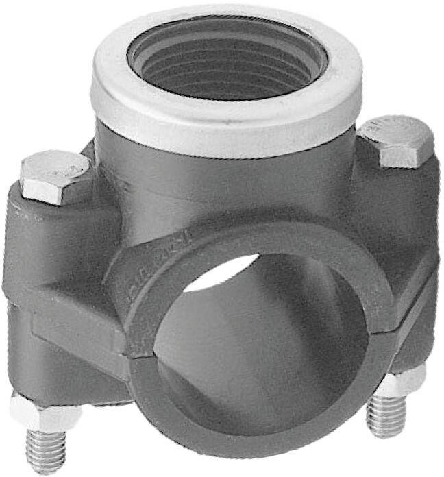Anbohrschelle für Poolverrohrung, verstärkt, Typ A, 2-Punkt Verschraubung, Klemm Ø 63mm - Innengewinde 1/2", grau