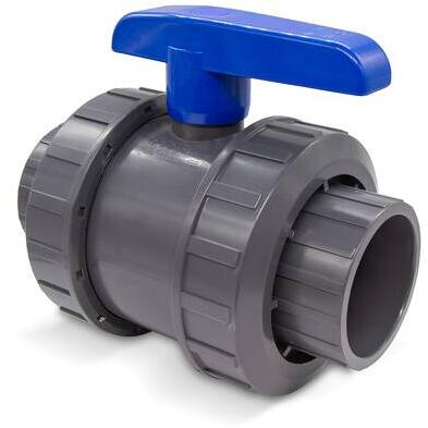 2-Wege-Kugelhahn für Poolverrohrung, Klebemuffe Ø 90mm - Klebemuffe Ø 90mm, Griff blau, PVC, grau