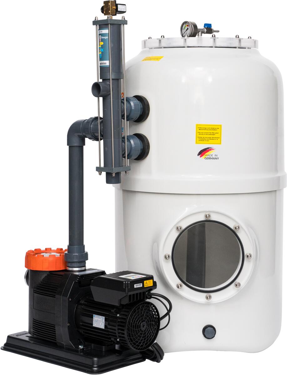 Behncke Bühne³ Sandfilteranlage mit Speck Badu Deluxe Eco VS Pumpe, 24m³/h bei 8m, Ø 750mm, Stangenventil, 230V, grau