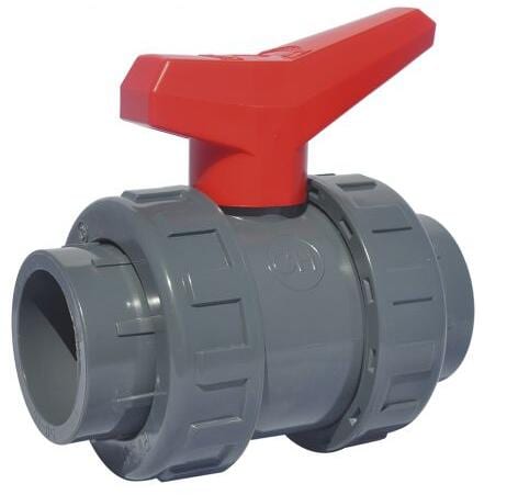 Aquaram 2-Wege-Kugelhahn für Poolverrohrung, Klebemuffe Ø 75mm - Klebemuffe Ø 75mm, Teflon-Schale, 10 bar, Griff rot, PVC, grau