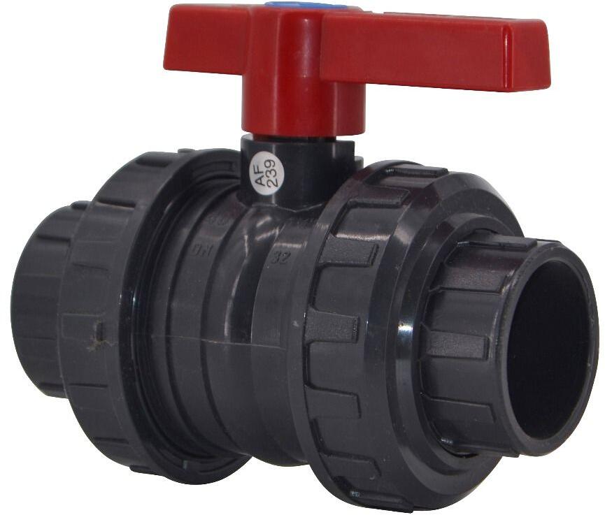 2-Wege-Kugelhahn für Poolverrohrung, Klebemuffe Ø 50mm - Klebemuffe Ø 50mm, 10 bar, Griff rot, PVC, grau