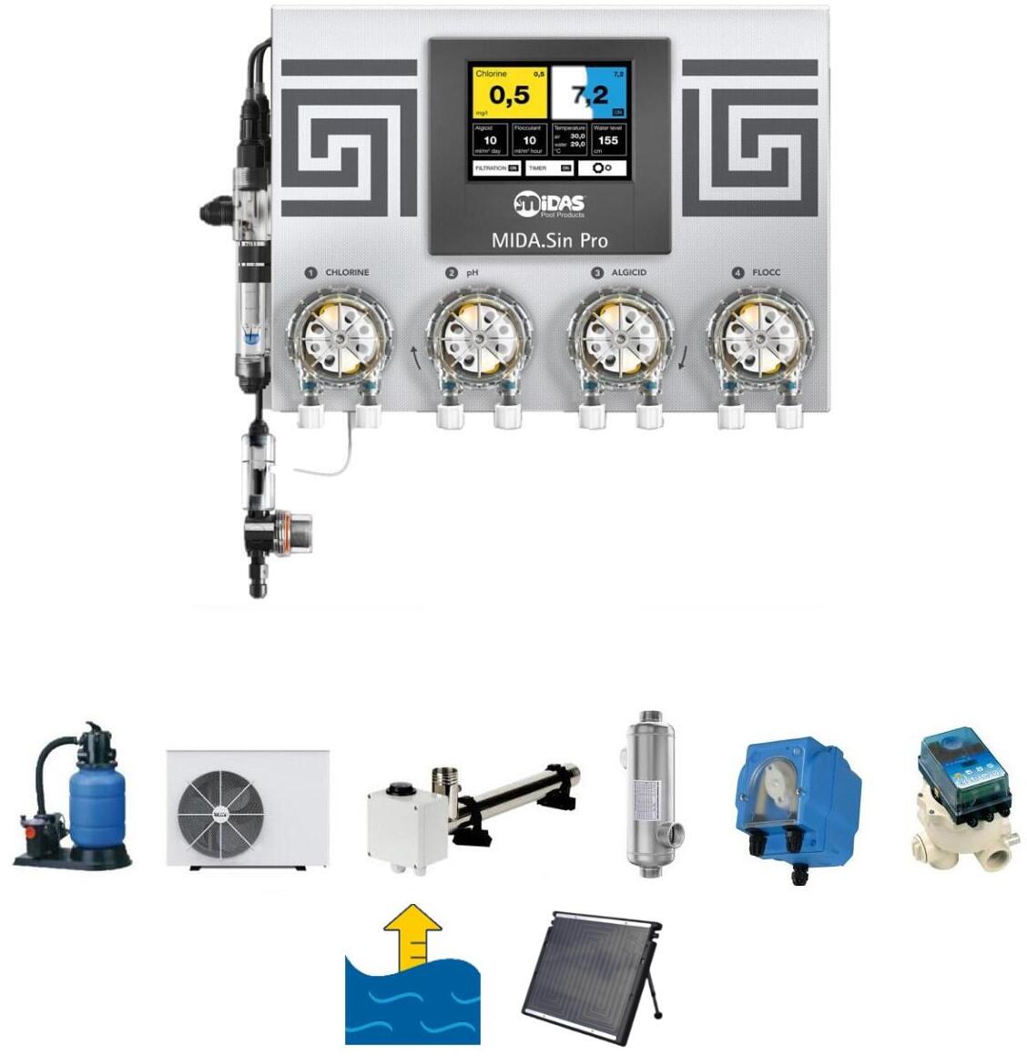 Midas MIDA.Sin Pro Wasseraufbereitungssystem pH/Redox Mess-Dosieranlage & Steuerung Filteranlage, Wärmepumpe, Elektroheizung, Rückspülung, Niveauregul