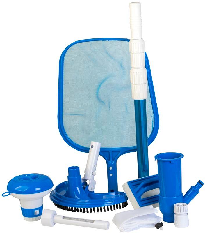 Gre Pool Reinigungsset, Oberflächenkescher, Poolbodensauger, Thermometer, Dosierschwimmer, blau/weiß