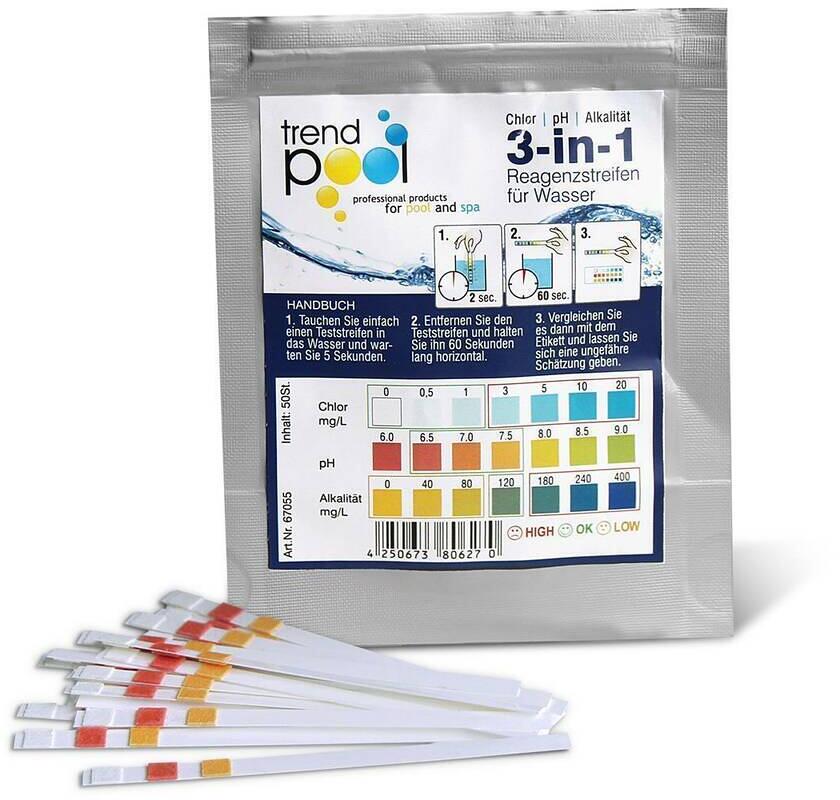 Teststreifen 3-in-1 für Wasseranalyse Chlor, pH-Wert und Gesamtalkalität, 10 Stück
