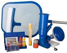 Gre Pool Reinigungsset, Vakuum-Bodensauger, Poolbürste, Kescher, Teleskopstange, weiß blau