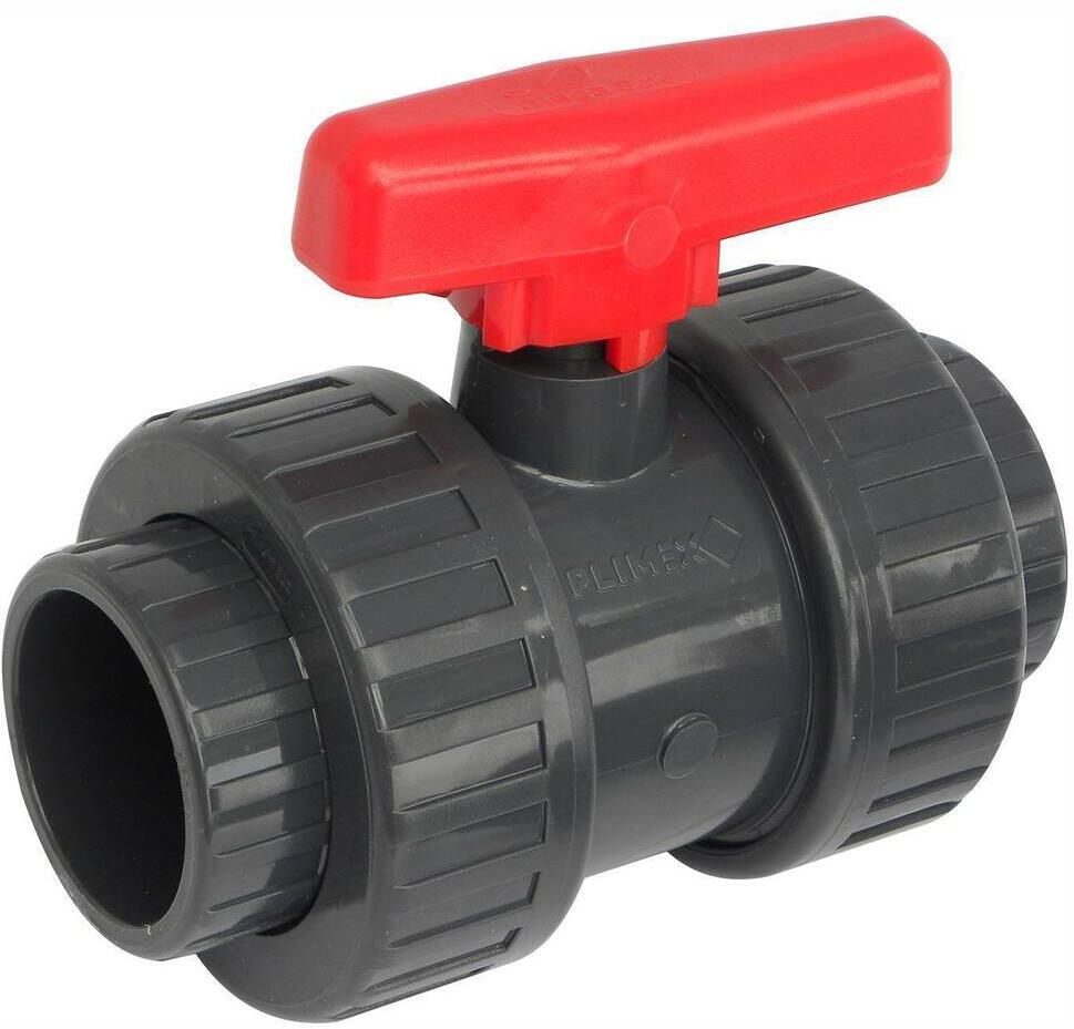 2-Wege-Kugelhahn für Poolverrohrung, Klebemuffe Ø 50mm - Klebemuffe Ø 50mm, Griff rot, PVC, grau