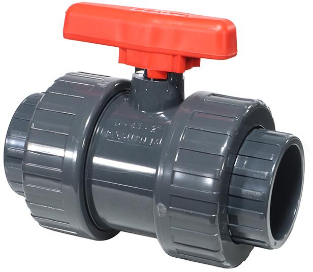 2-Wege-Kugelhahn für Poolverrohrung, Klebemuffe Ø 63mm - Klebemuffe Ø 63mm, Griff rot, PVC, grau