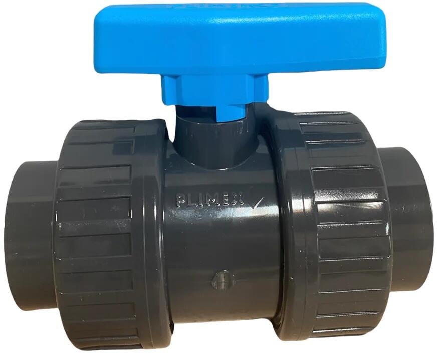 2-Wege-Kugelhahn für Poolverrohrung, Klebemuffe Ø 16mm - Klebemuffe Ø 16mm, Griff blau, PVC, grau