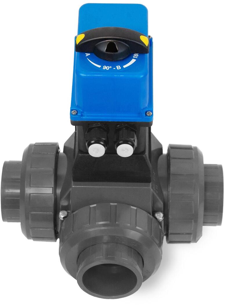 Praher 3-Wege-Kugelhahn für Poolverrohrung, Klebemuffe Ø 63mm - Klebemuffe Ø 63mm, 230V, PVC, grau