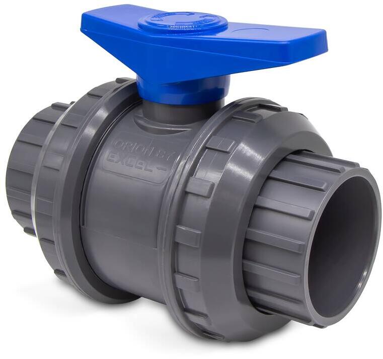 2-Wege-Kugelhahn für Poolverrohrung, Klebemuffe Ø 75mm - Klebemuffe Ø 75mm, Griff blau, PVC, grau