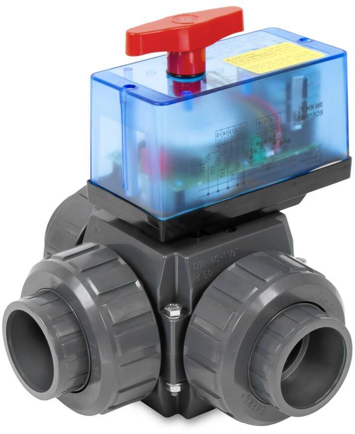 Peraqua S4 EO510 Eco 3-Wege-Kugelhahn für Poolverrohrung, 3x Klebemuffe Ø 50mm, 230V AC, Teflon-Schale, PVC, grau