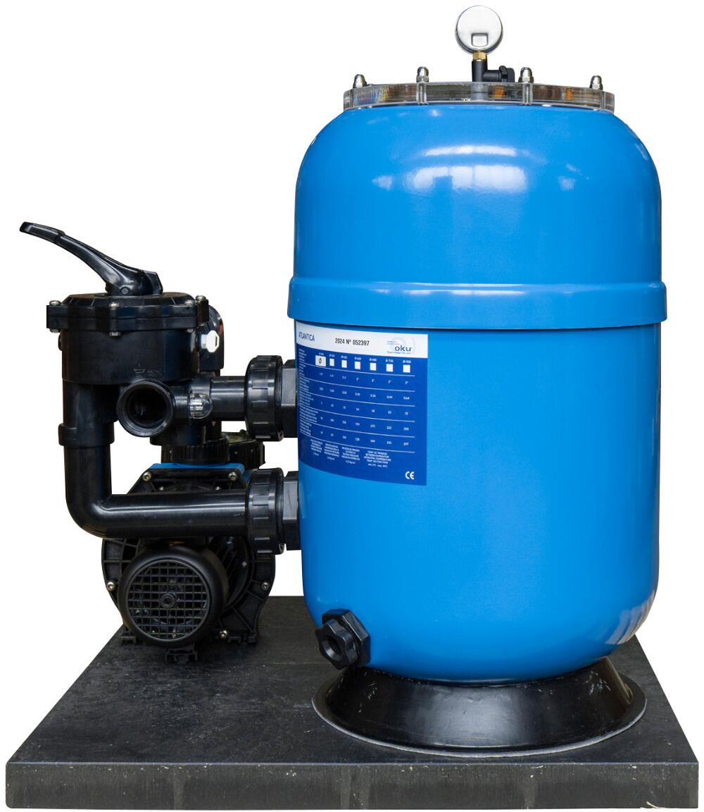Oku Atlantica Sandfilteranlage mit Badu Alpha 8 Pumpe, 7,5m³/h bei 8m, Ø 400mm, 6-Wege-Ventil, 230V, blau