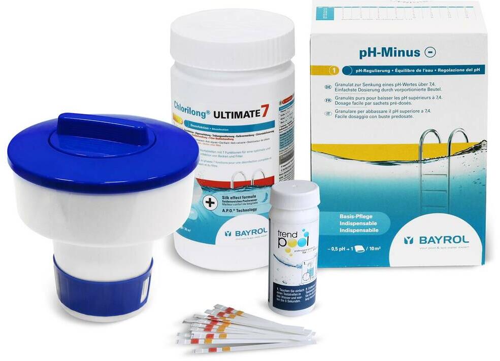 Bayrol Pool-Wasserpflege Starter Set, Ultimate7, pH-Regulierung, Teststreifen, Dosier-Spender