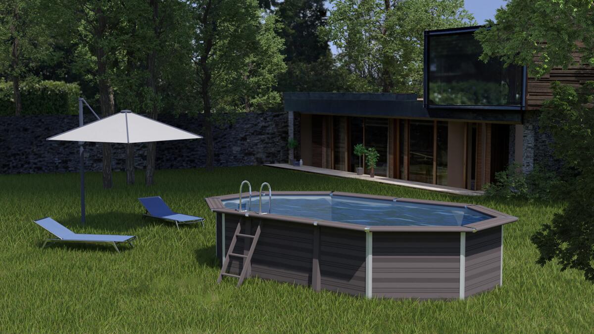 Gre Avantgarde WPC-Pool Set, 804x386x124cm, oval, Sandfilteranlage, Treppe